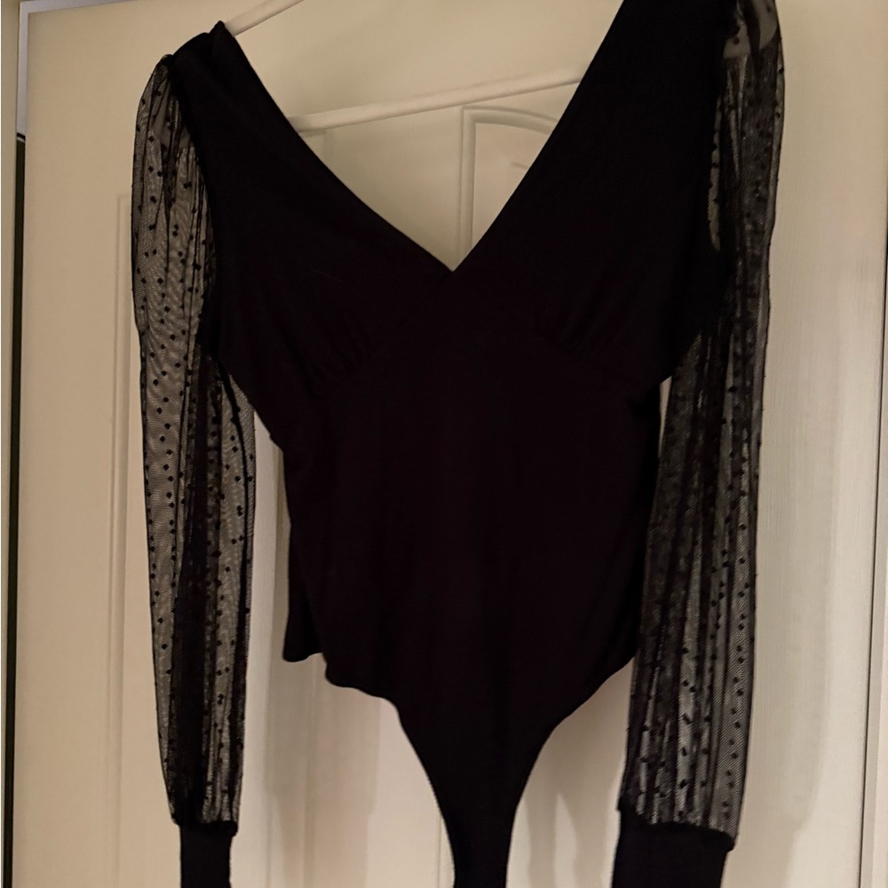 Kittenish Black Bodysuit with Sheer Polka Dot Sleeves